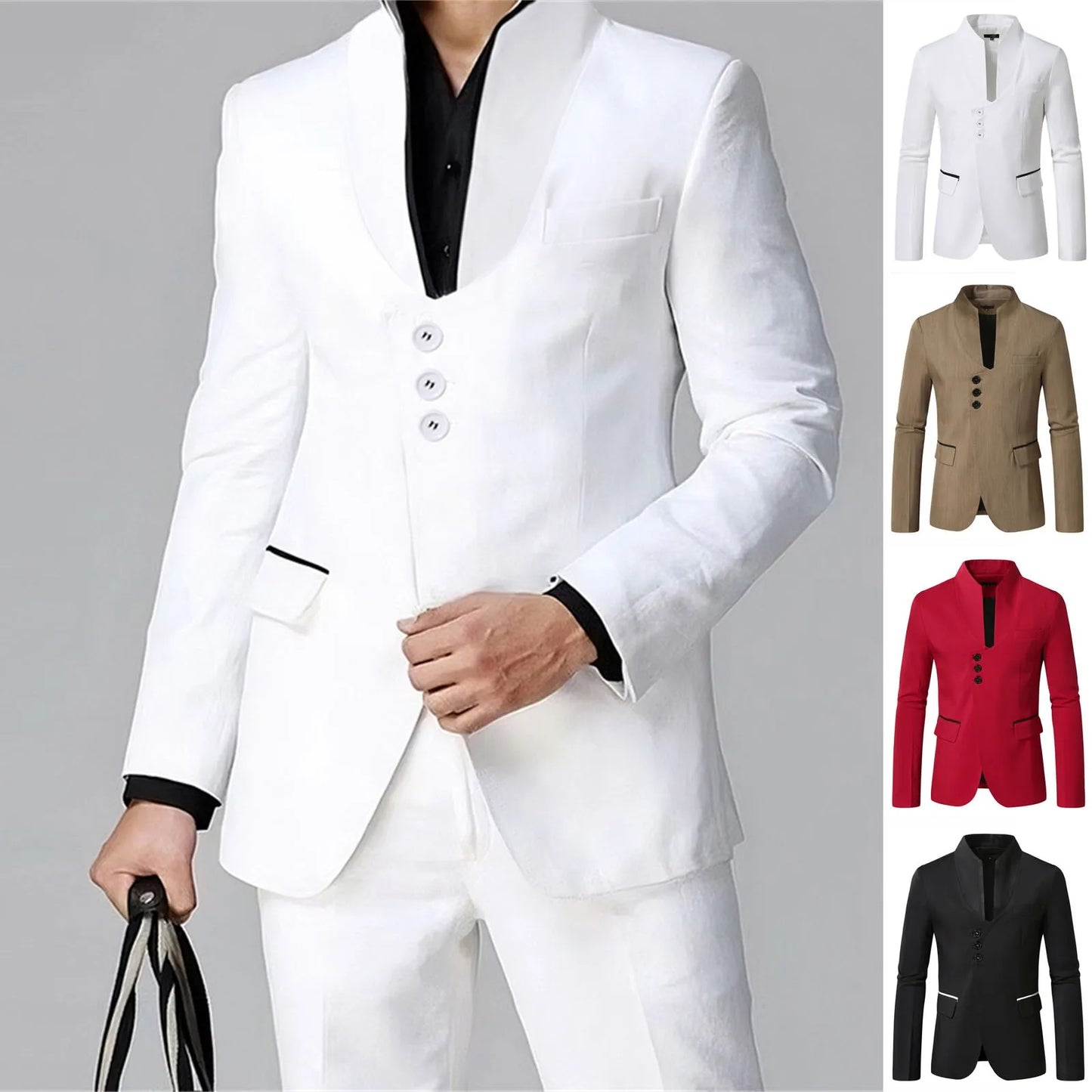 Men's Elegant Solid Color Stand Collar Long Sleeve Single Breasted Suit Fashion Skinny Formal Occasion Clothing