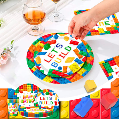Building Blocks Birthday Party Supplies-66pcs Party Tableware set-Building Block Party Plates Napkins Tablecloth etc