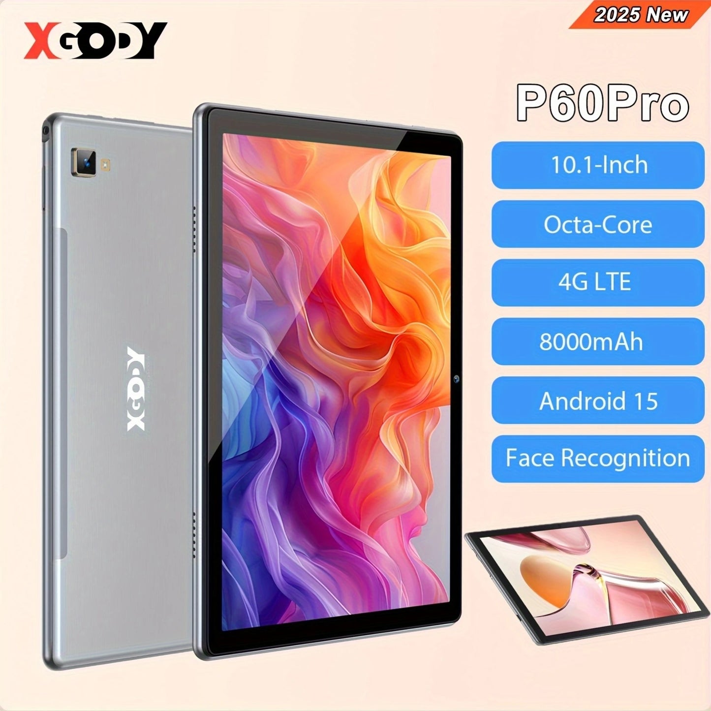 XGODY Android 15 Tablet P60Pro 10.1 inch Screen Unisoc T606-AI Octa-Core (8GB + 16GB )Max.24GBGB RAM 256GB 8000mah 5G Wifi-6