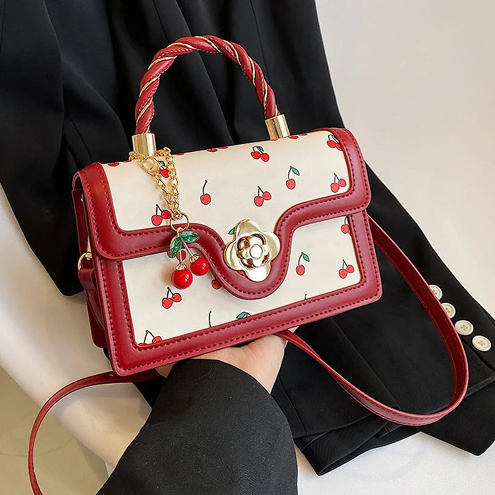 Women Cherry Square Chain Bag PU Leather Fashion Small Satchel Bag Versatile Cherry Pattern Sling Bag Female Daily Commute Bag