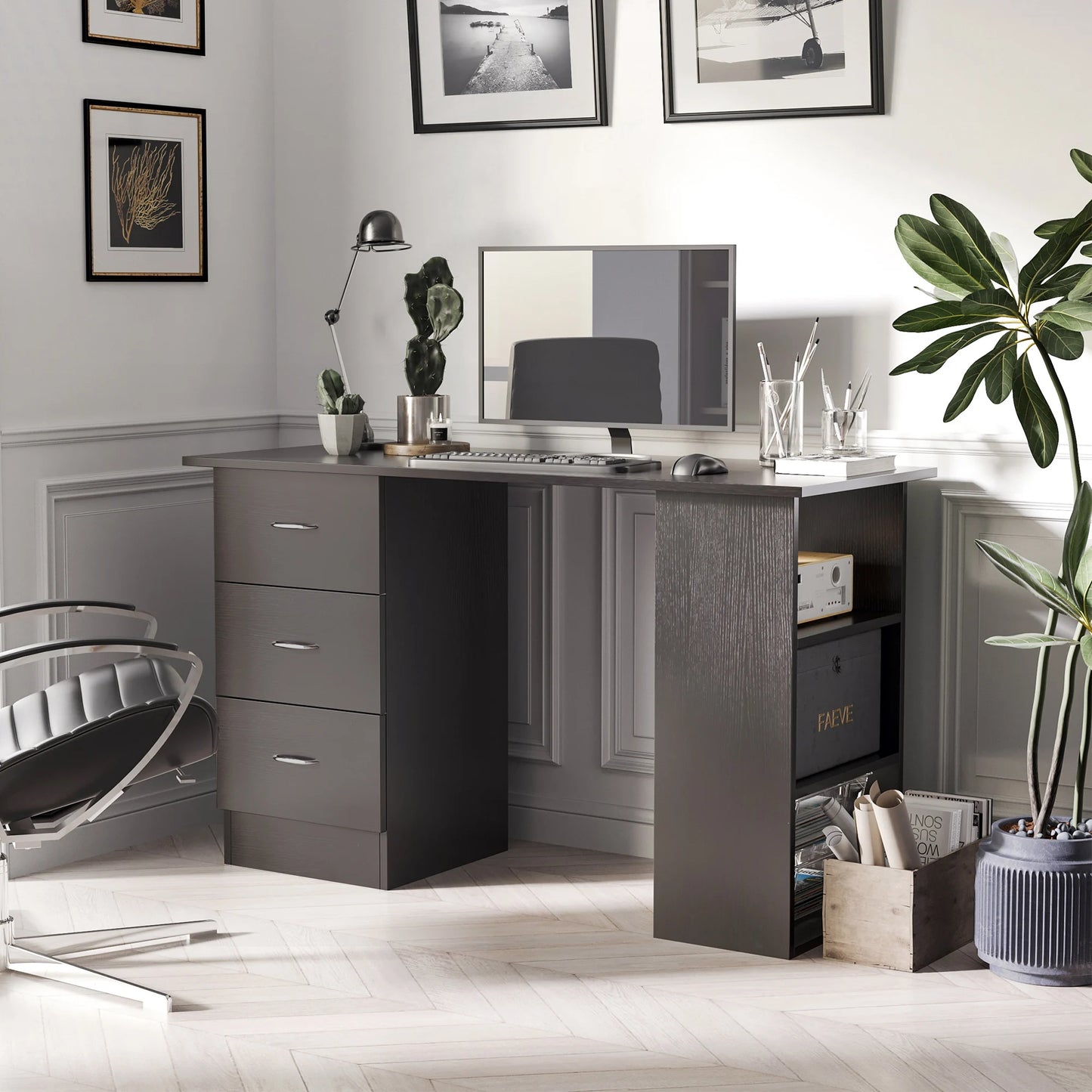 HOMCOM 120cm Computer Desk PC Table Workstation w/ 3 Shelf & Drawers Black