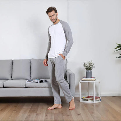 Modishion Men's Long Sleeve Cotton Pajama Set Modal Home Clothes Long Shirt Pants Pajamas