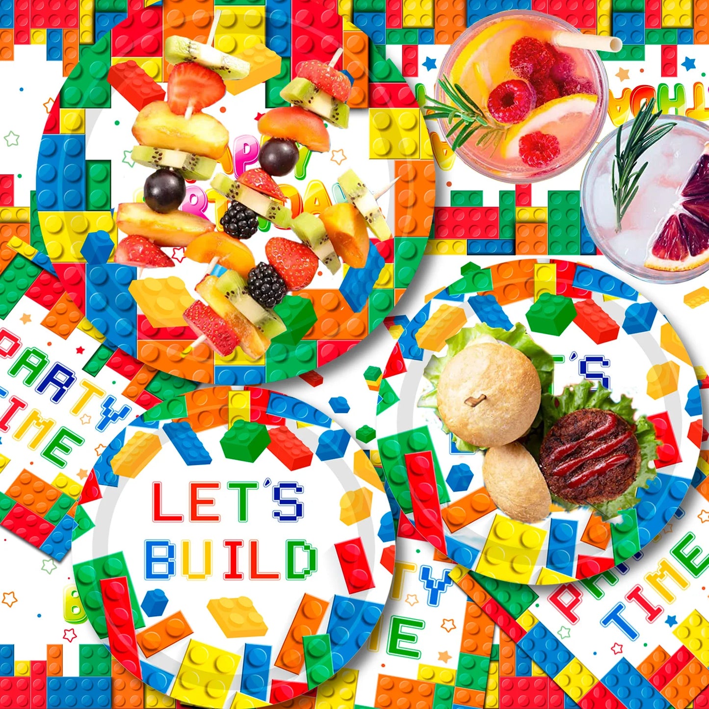 Building Blocks Birthday Party Supplies-66pcs Party Tableware set-Building Block Party Plates Napkins Tablecloth etc