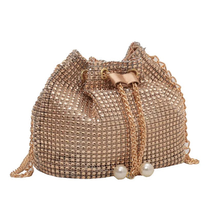 Women Chain Crossbody Bag Solid Color Rhinestone Glittering Satchel Bag Drawstring Bling Bucket Bag Female Dating Bag