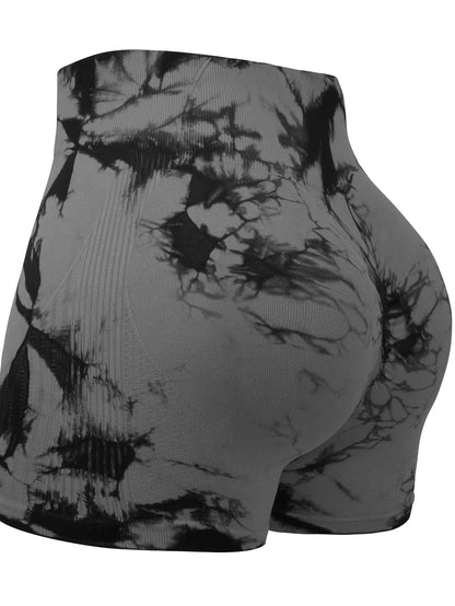 2pcs Women's High-Waist Tie-Dye Yoga Shorts - Seamless, Booty Lifting, Stretchy Nylon & Spandex Blend, Red & Grey