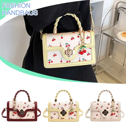 Women Cherry Square Chain Bag PU Leather Fashion Small Satchel Bag Versatile Cherry Pattern Sling Bag Female Daily Commute Bag