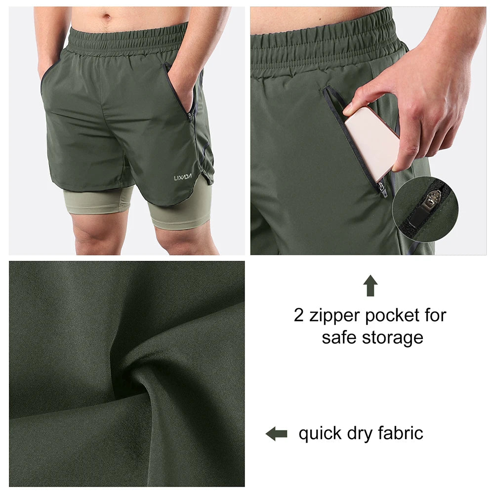 Lixada Men 2 in 1 Running Shorts Quick Drying Breathable Active Training Exercise Jogging Marathon Cycle Shorts