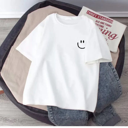 Pure white smiling face children's short-sleeved T-shirt loose basic summer versatile base dressing fresh and simple
