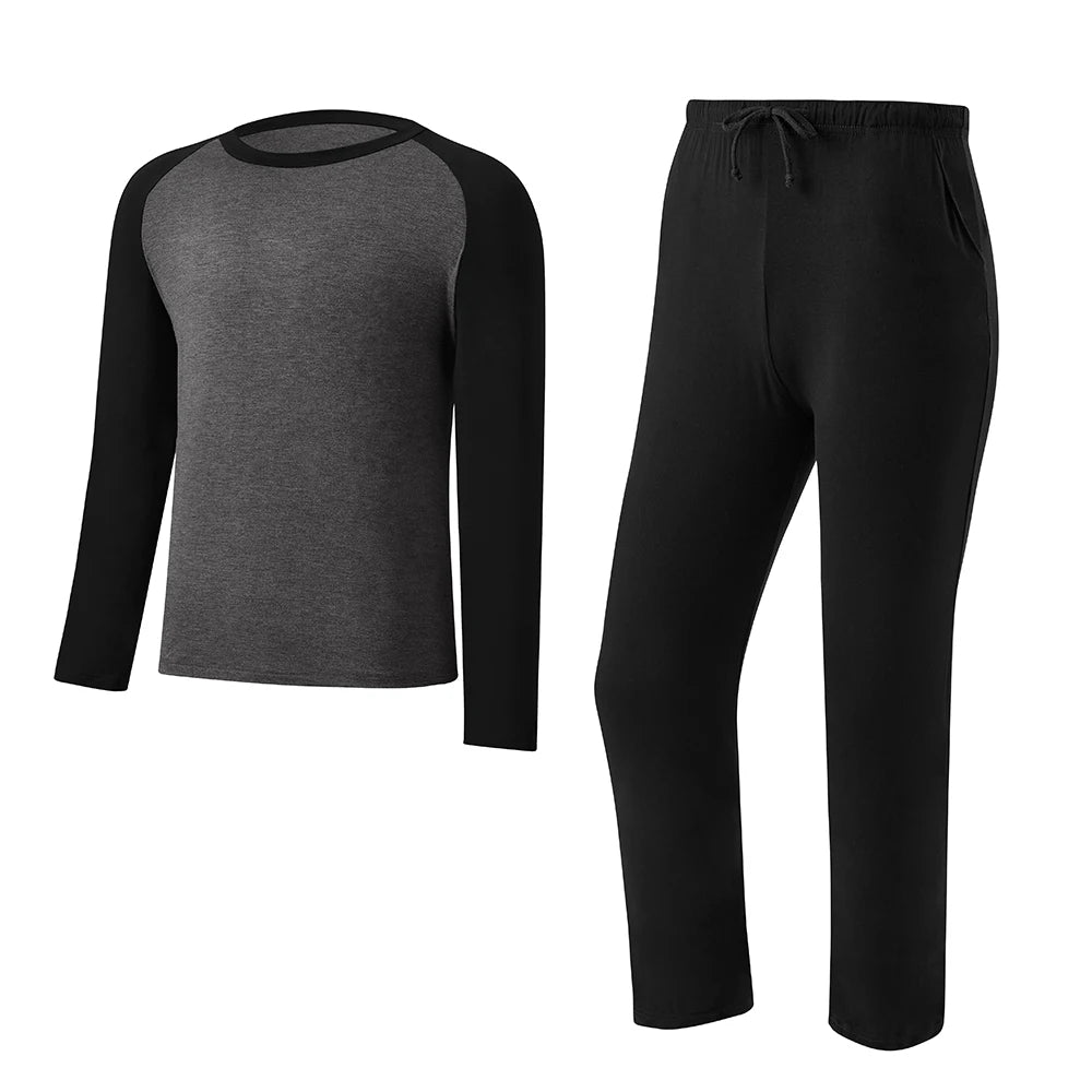 Modishion Men's Long Sleeve Cotton Pajama Set Modal Home Clothes Long Shirt Pants Pajamas