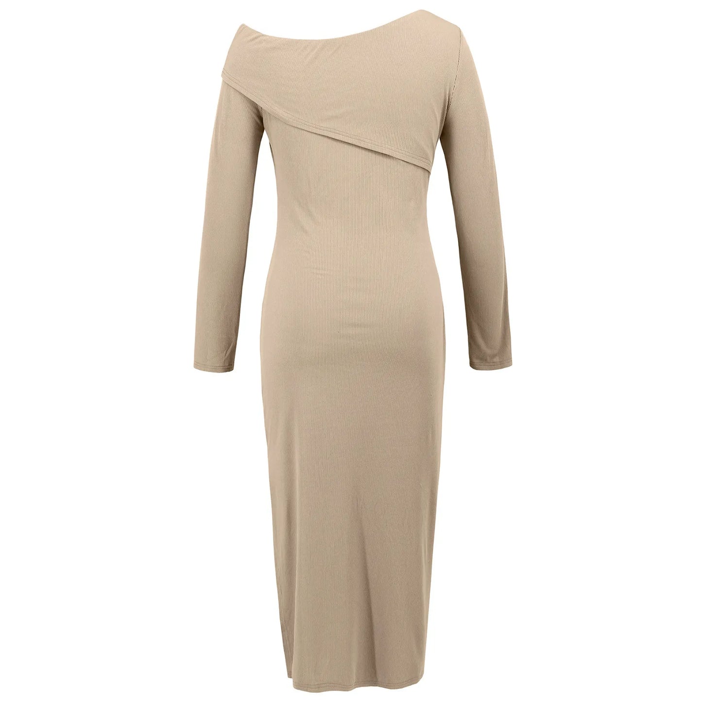 Women's Fashion Sexy Slant Shoulder Ribbed Knit Dress Slit Long Sleeve Wrap Hip Dress Solid Color Slim Streetwear Skirt