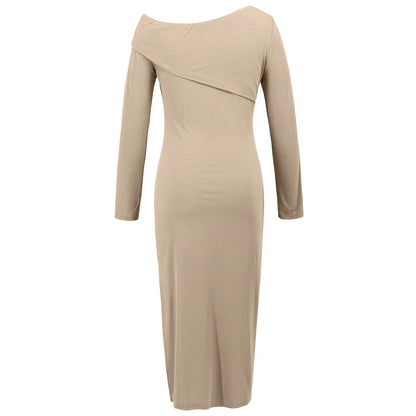 Women's Fashion Sexy Slant Shoulder Ribbed Knit Dress Slit Long Sleeve Wrap Hip Dress Solid Color Slim Streetwear Skirt