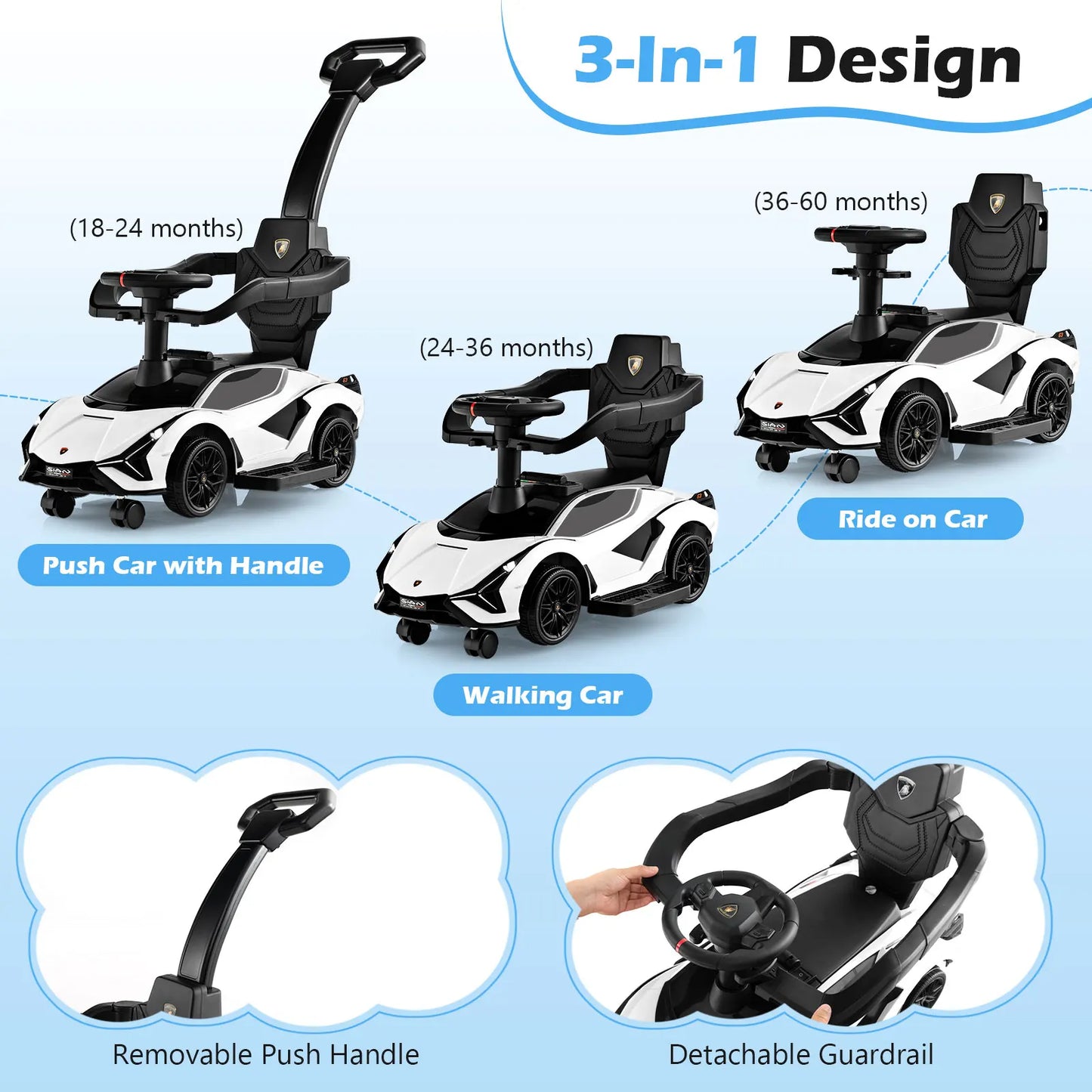 DORTALA 3-In-1 Toddlers Ride on Push Car Kids Licensed Lamborghini Walking Toy Car Black/Pink/White