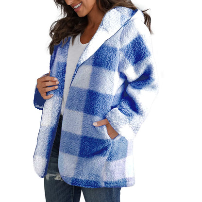 Loose Long Sleeve Plush Plaid Hooded Pocket Zipper Jacket Fashion Winter Warm Fuzzy Cardigan For Female