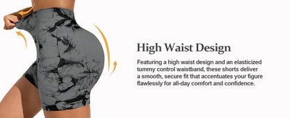 2pcs Women's High-Waist Tie-Dye Yoga Shorts - Seamless, Booty Lifting, Stretchy Nylon & Spandex Blend, Red & Grey