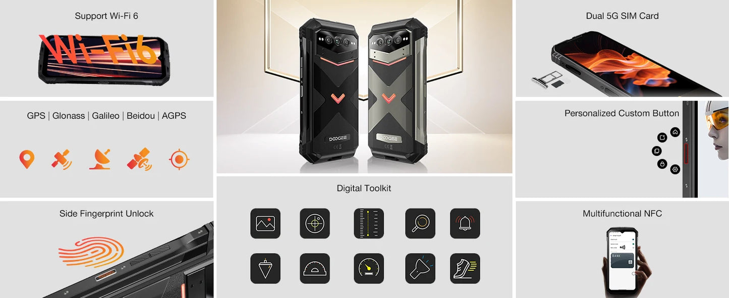DOOGEE V Max Plus 5G Rugged Phone 6.58" Dimensity 7050 16GB+512GB Lighting Effects 22000mAh Battery 200MP AI Camera Cell Phone