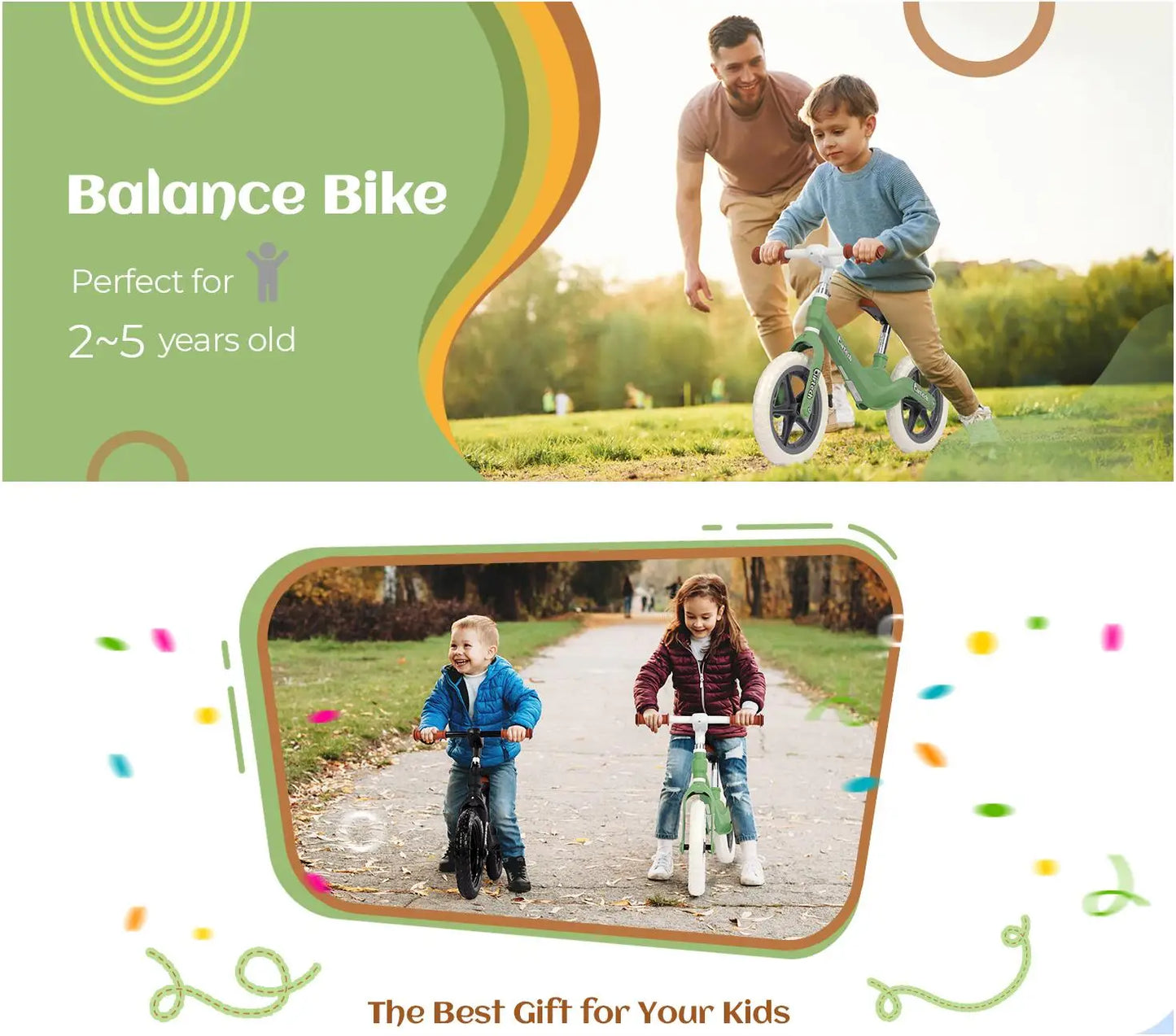 12" Balance Bike for Kids, Lightweight No Pedal Walking Balance Bike with Nylon Frame and Flat-Free Tires, Adjustable Training