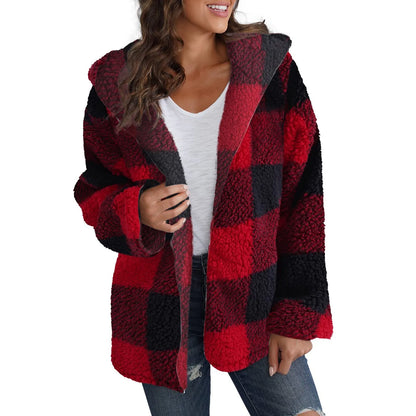 Loose Long Sleeve Plush Plaid Hooded Pocket Zipper Jacket Fashion Winter Warm Fuzzy Cardigan For Female