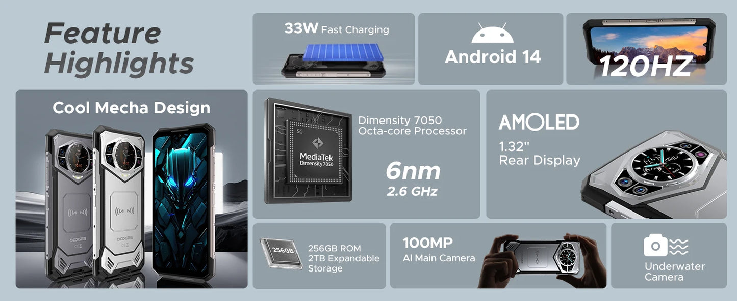 DOOGEE S200 5G Rugged Phone 1.32" Rear Display 12GB 256GB 6.72" 120Hz 100MP AI Main Camera 10100mAh Battery 33W Smartphone