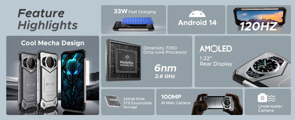 DOOGEE S200 5G Rugged Phone 1.32" Rear Display 12GB 256GB 6.72" 120Hz 100MP AI Main Camera 10100mAh Battery 33W Smartphone