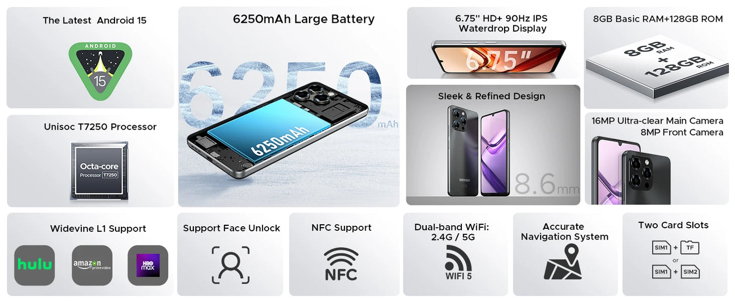 DOOGEE Note 58 Android 15 Smartphone 8GB 128GB 6.75" HD+ 90Hz IPS Screen 6250mAh Large battery NFC Widevine L1 Cell Phone