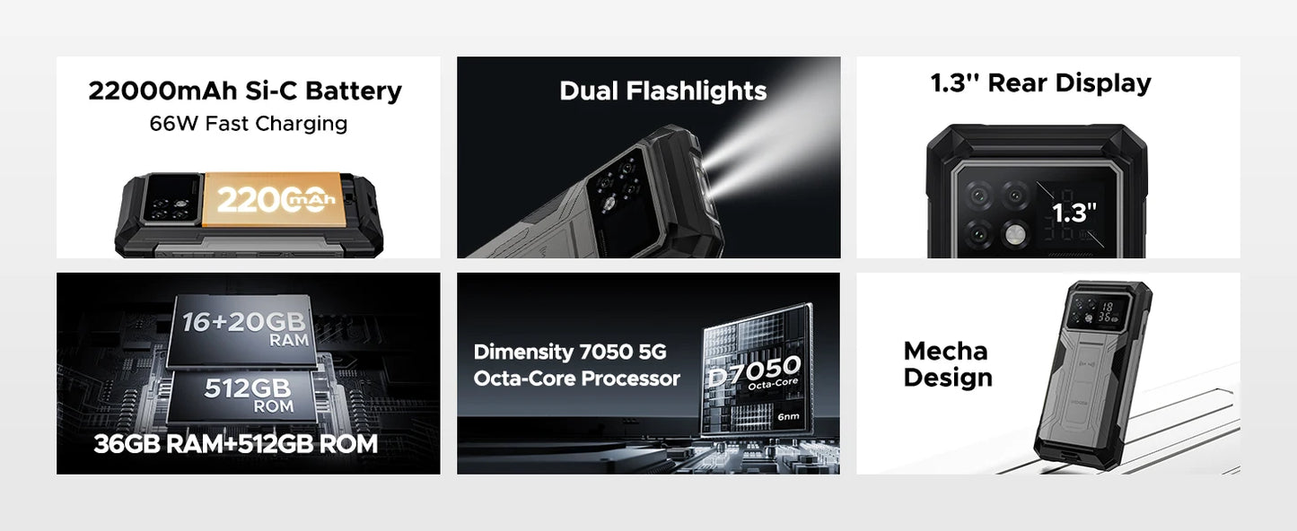 DOOGEE S200 Max 5G Rugged Phone Dual light Flashlight 16GB 512GB 22000mAh 66W 1.32" Rear Display 6.72” 120Hz NFC Smartphone
