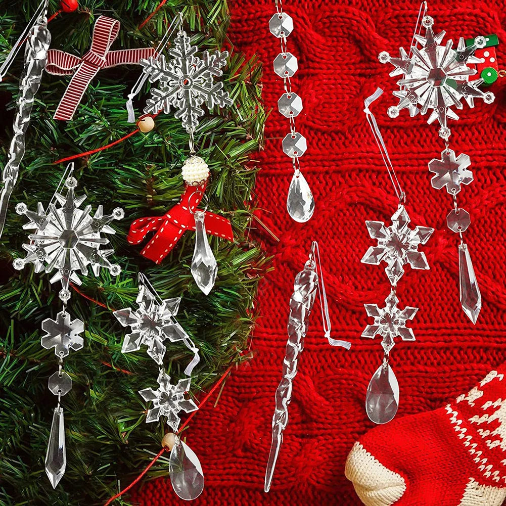 10Pcs Crystal Christmas Tree Ornaments Acrylic Snowflake Icicle Drop Crystal Hangings Decorative for Xmas Tree