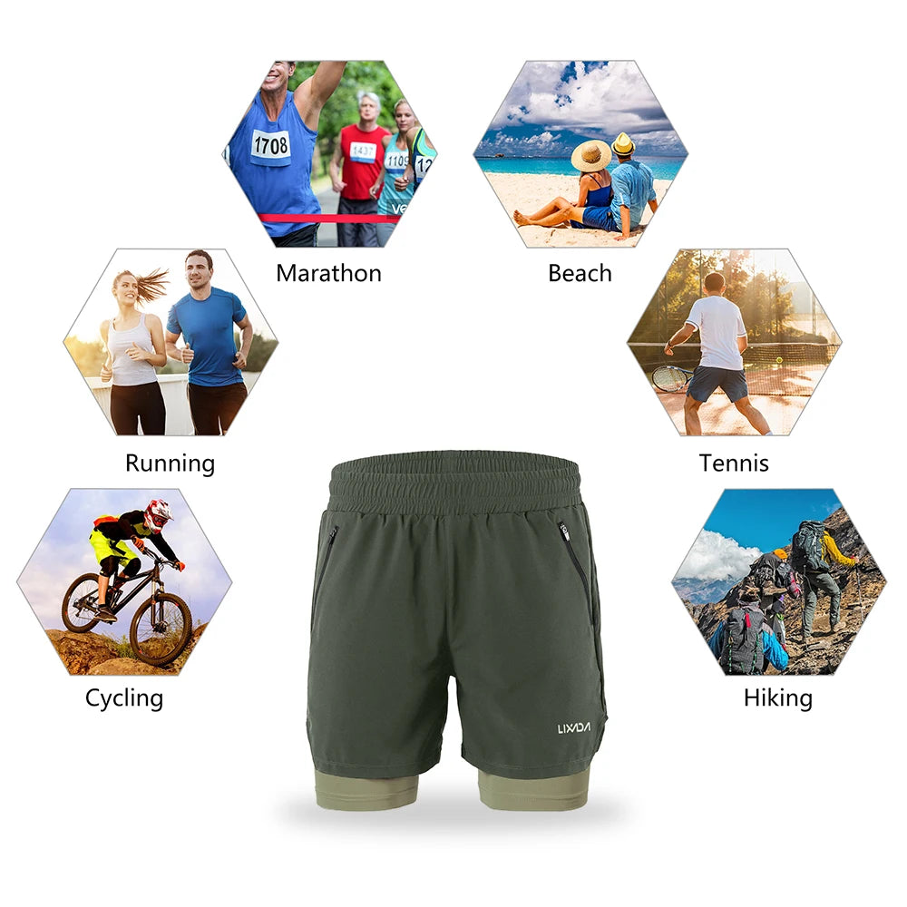 Lixada Men 2 in 1 Running Shorts Quick Drying Breathable Active Training Exercise Jogging Marathon Cycle Shorts