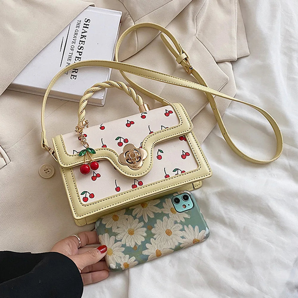 Women Cherry Square Chain Bag PU Leather Fashion Small Satchel Bag Versatile Cherry Pattern Sling Bag Female Daily Commute Bag