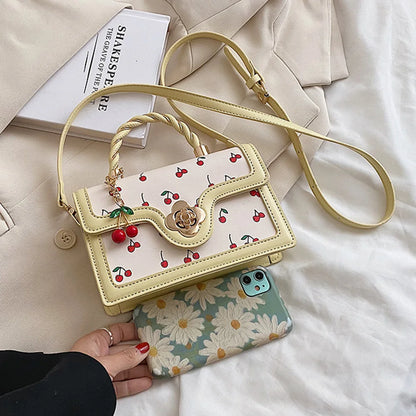 Women Cherry Square Chain Bag PU Leather Fashion Small Satchel Bag Versatile Cherry Pattern Sling Bag Female Daily Commute Bag