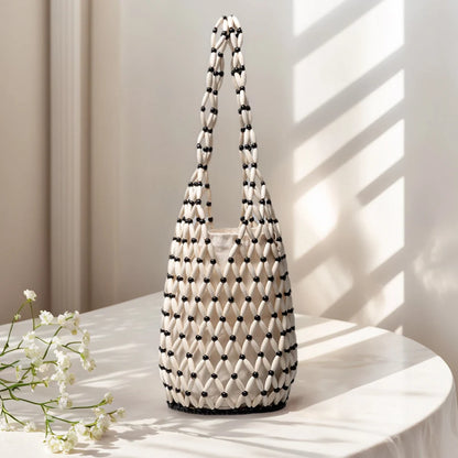 Women Hollow-out Shoulder Bags Woven Hand Bag Wooden Bead Tote Handbag Beach Top-Handle Bags Summer Netted Canvas Bucket Bags