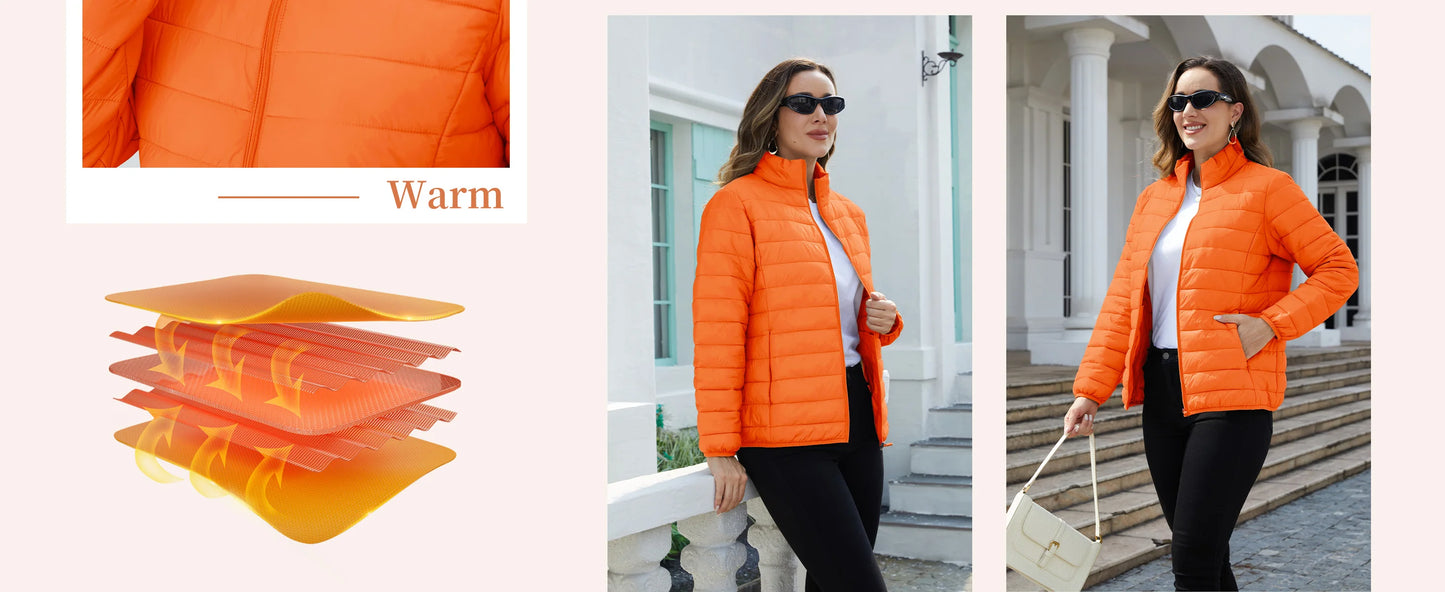Women's Quilted Puffer Jacket Zip Up Puffer Coat Stand Collar Windbreaker Water Resistant Warm Jacket With Multiple Pockets