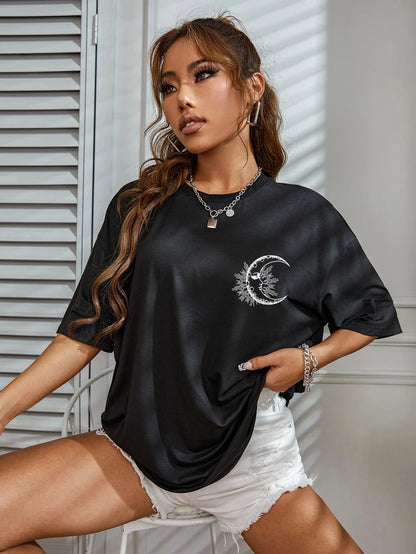 New Fashionable Casual Black T-shirt Clothing Simple Round Neck Short Sleeve Women's Top Loose Printed T-shirt