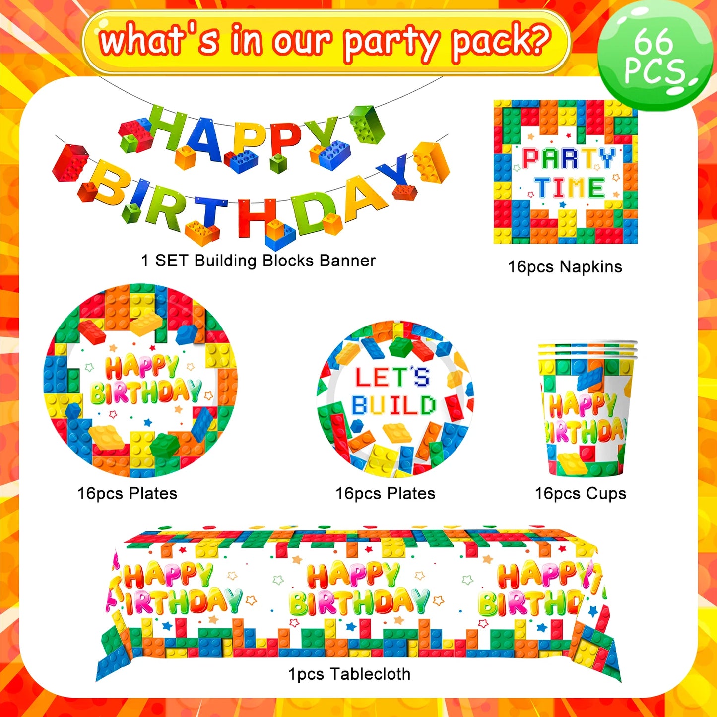 Building Blocks Birthday Party Supplies-66pcs Party Tableware set-Building Block Party Plates Napkins Tablecloth etc