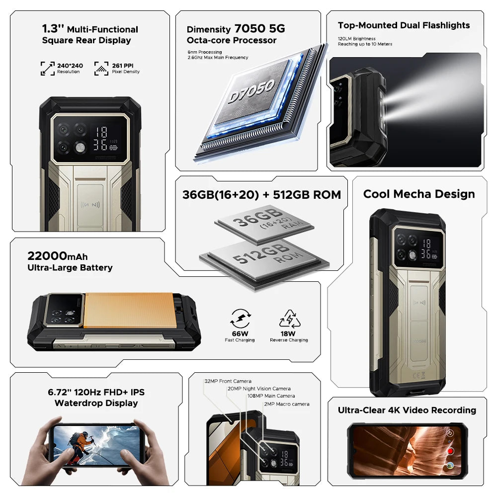 DOOGEE S200 Max 5G Rugged Phone Dual light Flashlight 16GB 512GB 22000mAh 66W 1.32" Rear Display 6.72” 120Hz NFC Smartphone