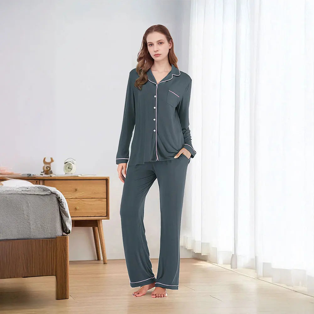 Modishion Long Sleeve Lapel Pajamas Solid Color Loungewear Set Button Top and Pants Women's Sleepwear Loungewear