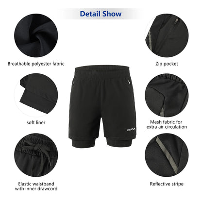 Lixada Men 2 in 1 Running Shorts Quick Drying Breathable Active Training Exercise Jogging Marathon Cycle Shorts