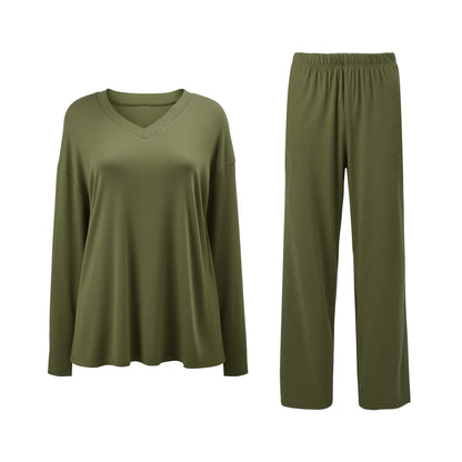 Modishion Women's V-neck long-sleeved pajamas home wear set loose and comfortable simple and fashionable Sleepwear