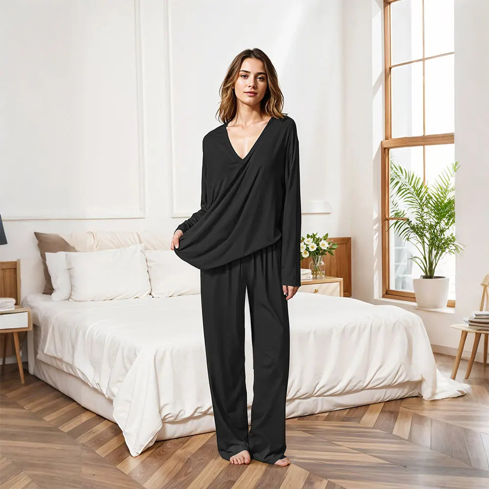 Modishion Women's V-neck long-sleeved pajamas home wear set loose and comfortable simple and fashionable Sleepwear