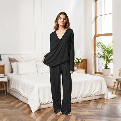 Modishion Women's V-neck long-sleeved pajamas home wear set loose and comfortable simple and fashionable Sleepwear