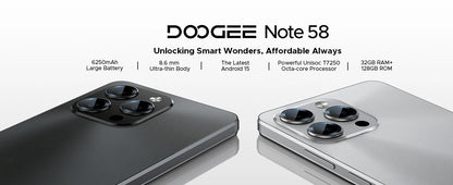DOOGEE Note 58 Android 15 Smartphone 8GB 128GB 6.75" HD+ 90Hz IPS Screen 6250mAh Large battery NFC Widevine L1 Cell Phone