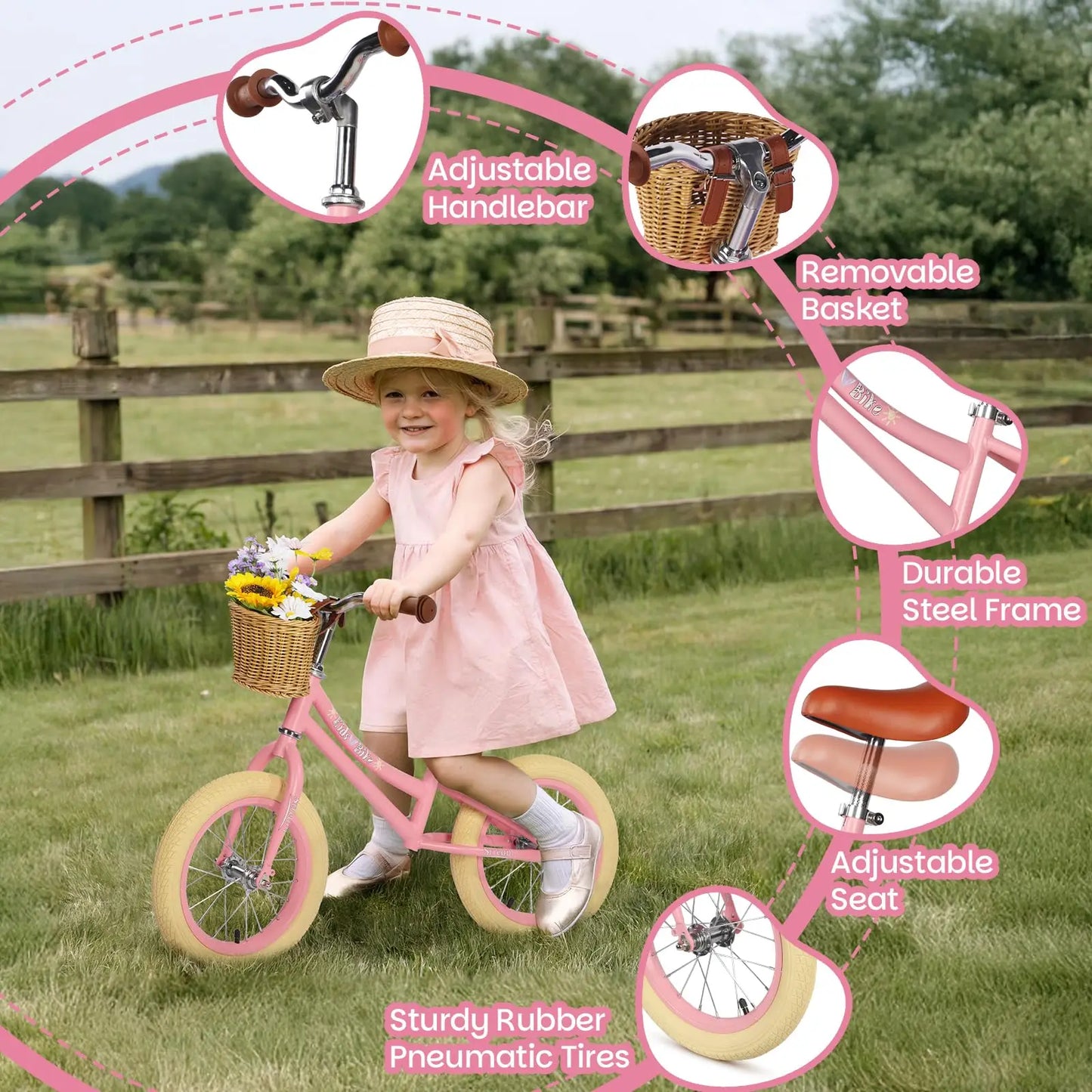 14 Inch Kids Balance Bike, Lightweight Height-adjustable Push Bike with Removable Basket and Rubber Air Tires