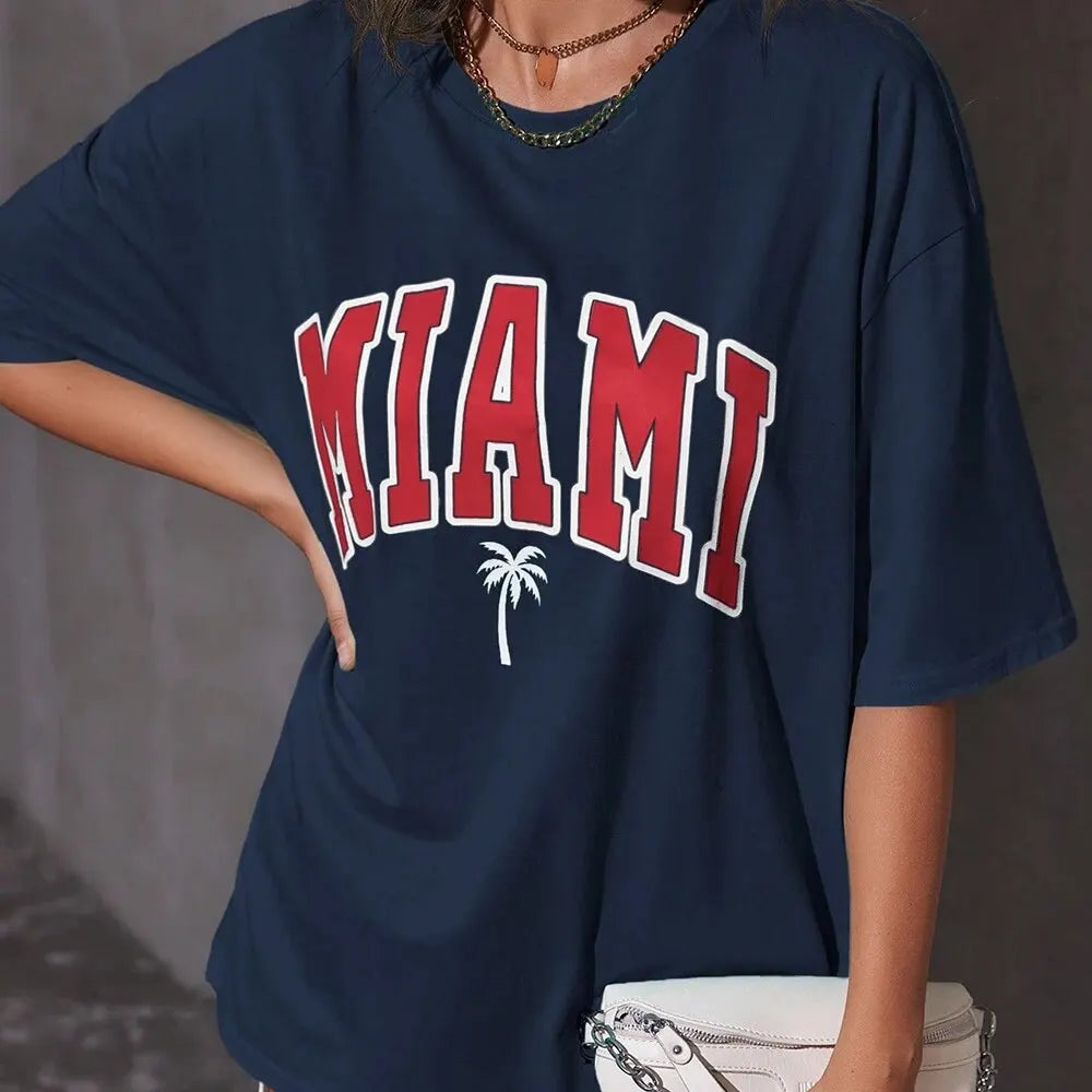 Woman Cotton T-Shirts Miami Coconu Tree Beach Prints Casual O-Neck Short Sleeve Fashion Oversize Clothing Simple Female Tops