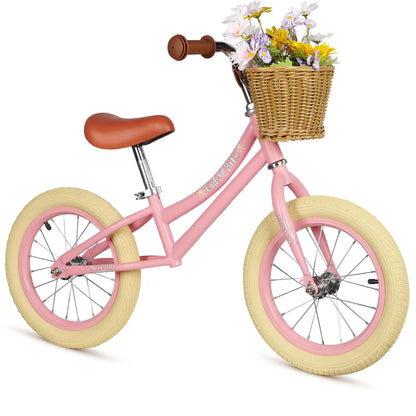 14 Inch Kids Balance Bike, Lightweight Height-adjustable Push Bike with Removable Basket and Rubber Air Tires