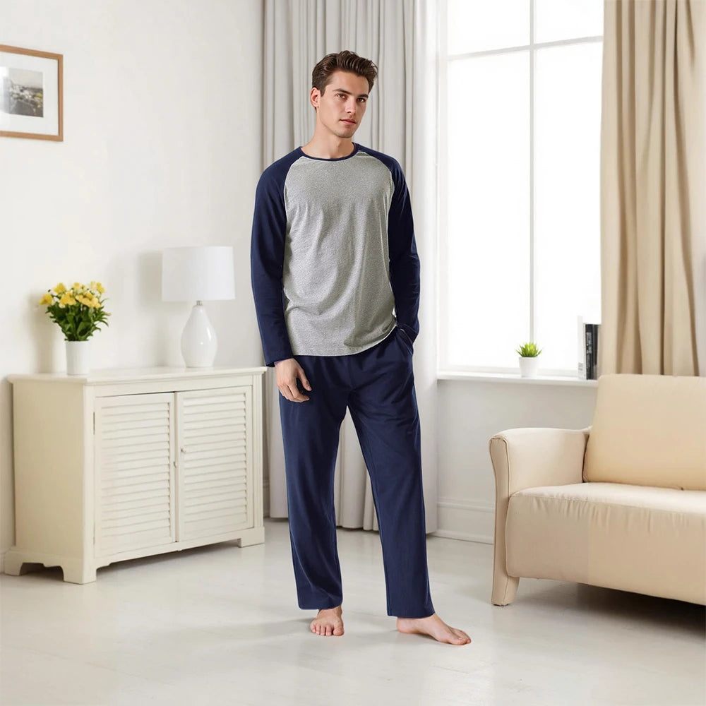 Modishion Men's Long Sleeve Cotton Pajama Set Modal Home Clothes Long Shirt Pants Pajamas