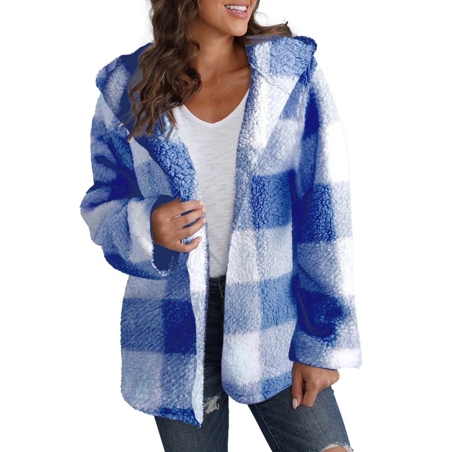 Loose Long Sleeve Plush Plaid Hooded Pocket Zipper Jacket Fashion Winter Warm Fuzzy Cardigan For Female