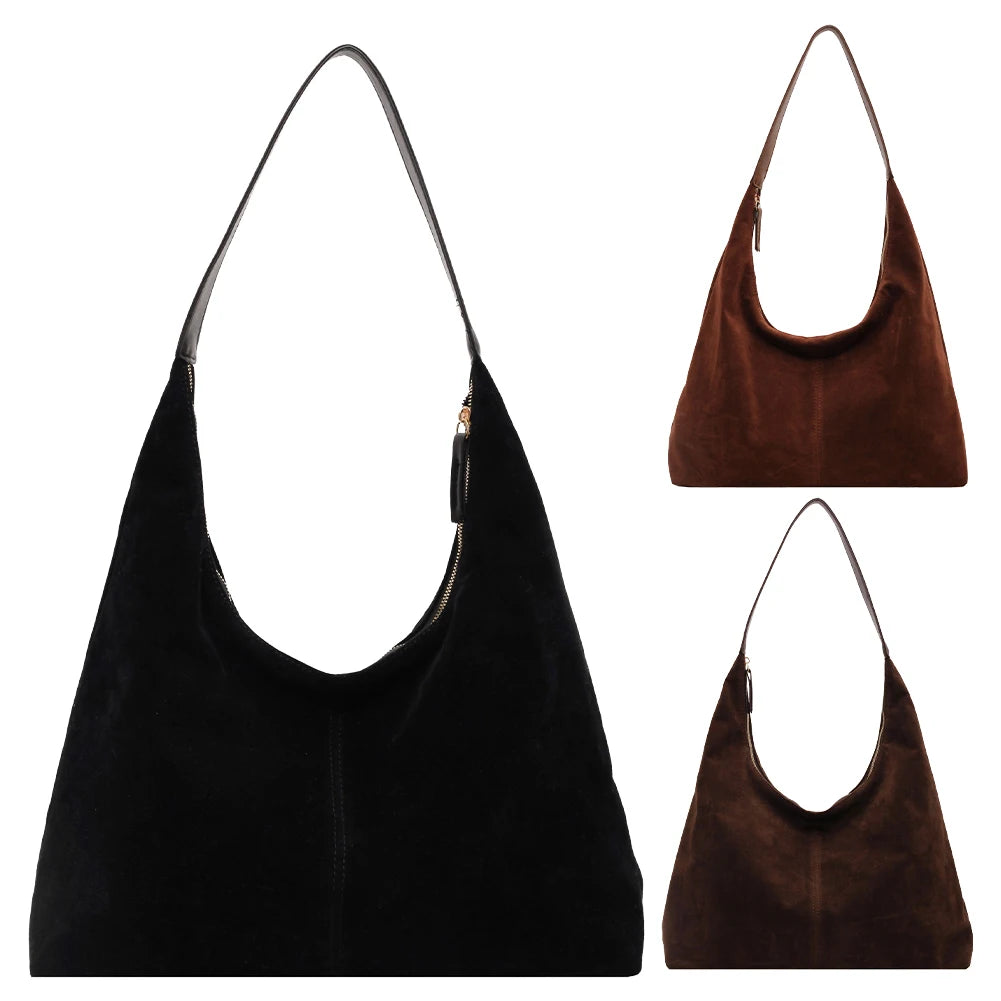 Women Suede Tote Bag with Hobo Bag Large Capacity Underarm Bag Solid Slouchy Bag Commuter Travel Bag