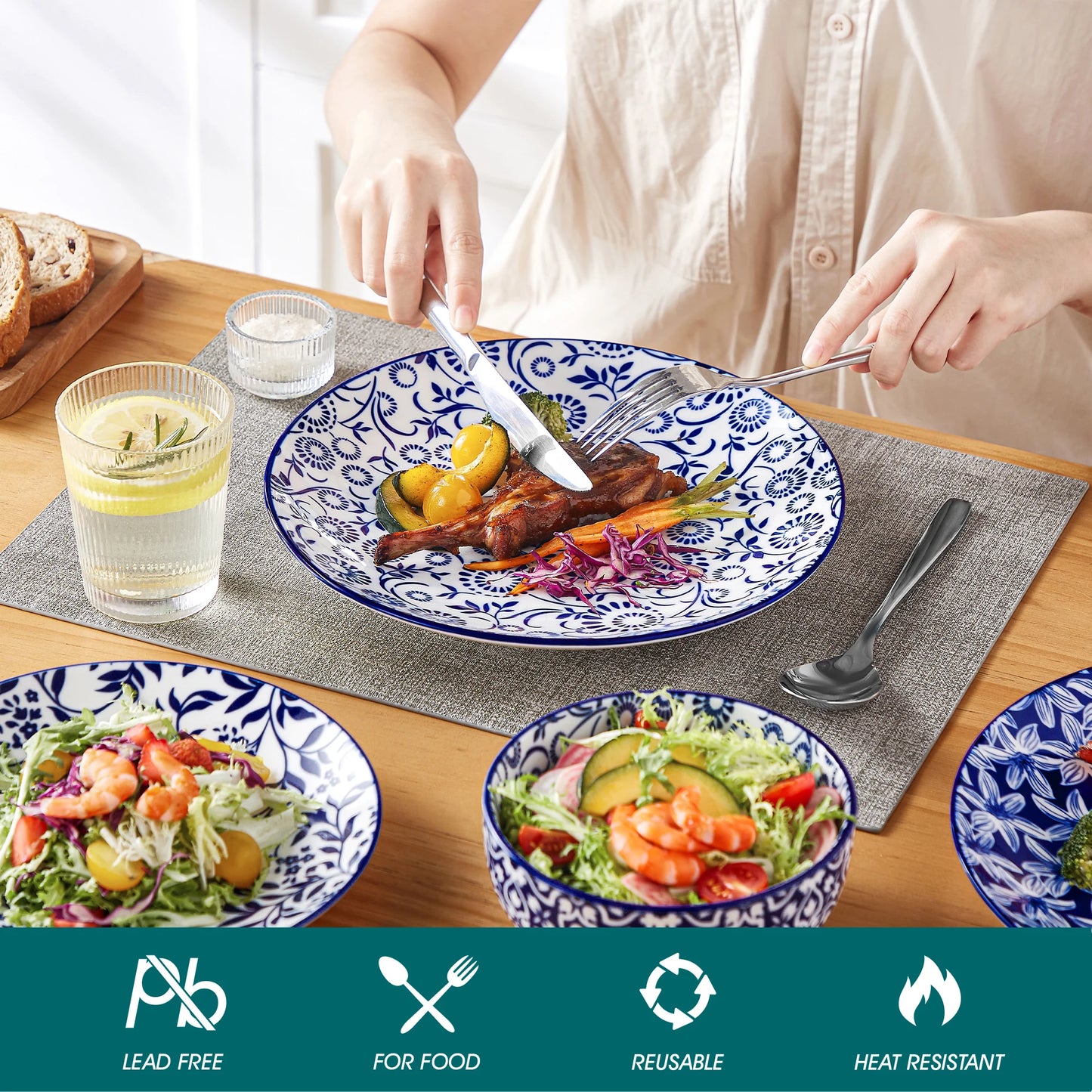 vancasso 12/24/36 Piece Chinese Blue and White Porcelain Plate Set Tableware Set with 4PCS Dinner Plate/Dessert Plate/Ceral Bowl