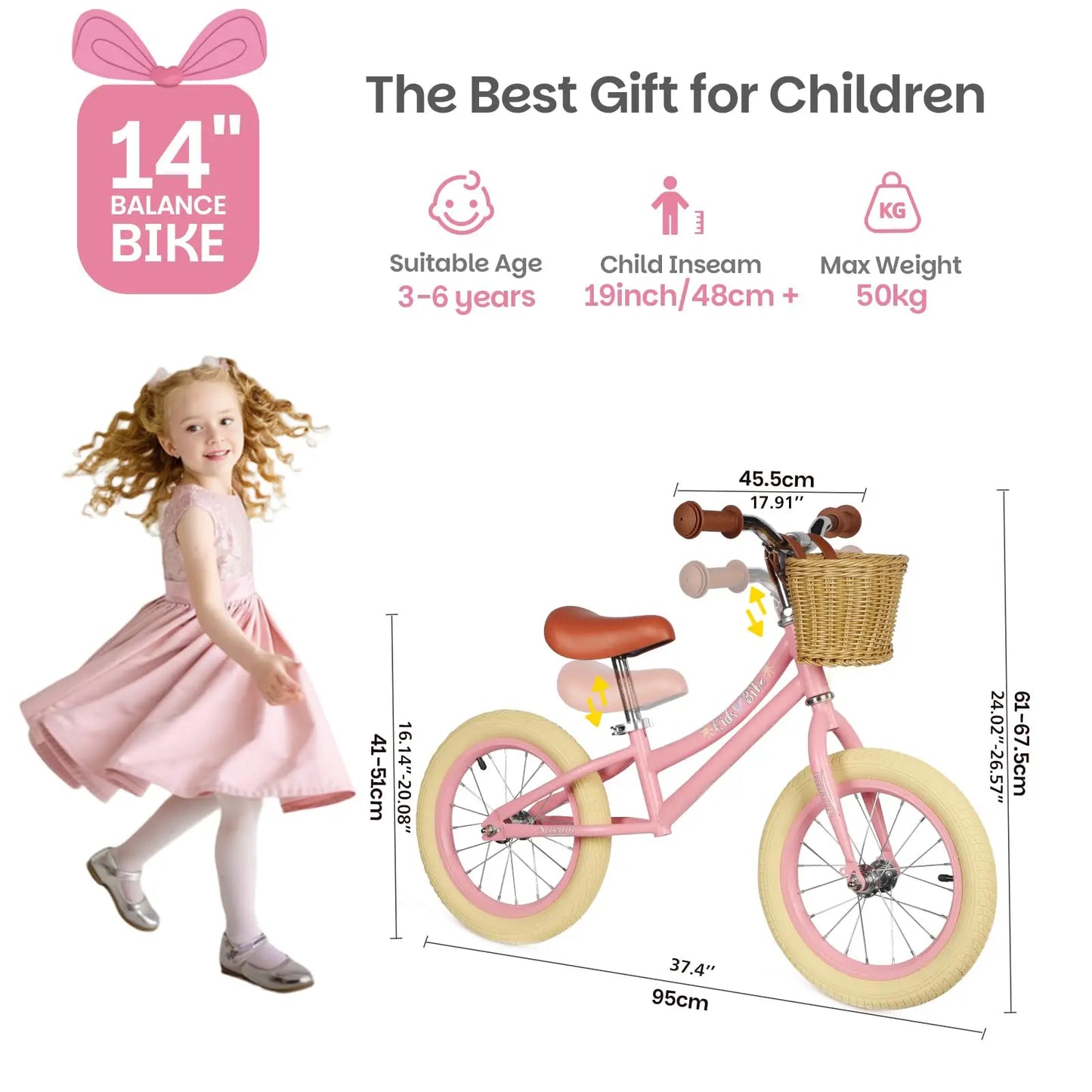 14 Inch Kids Balance Bike, Lightweight Height-adjustable Push Bike with Removable Basket and Rubber Air Tires