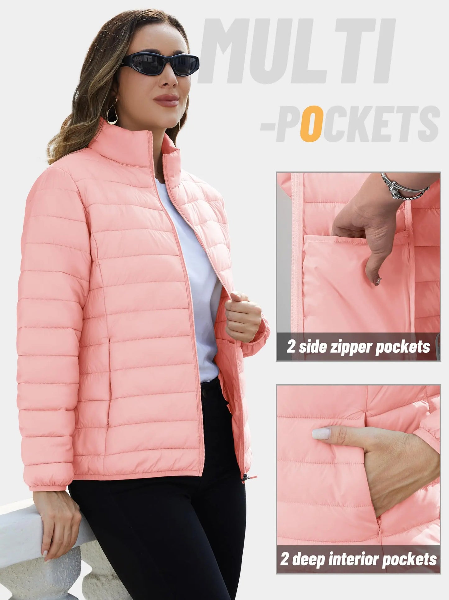 Women's Quilted Puffer Jacket Zip Up Puffer Coat Stand Collar Windbreaker Water Resistant Warm Jacket With Multiple Pockets