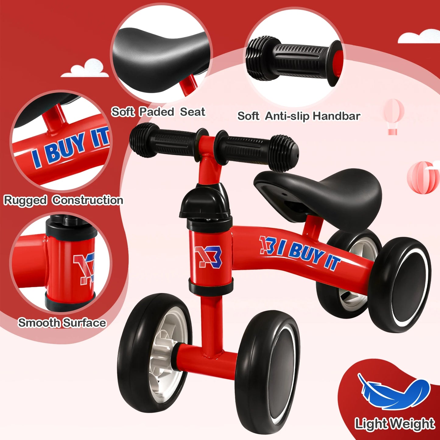 Baby Balance Bike, No Pedal Toddler Balance Bike, Lightweight Ride on Toys for 1-2 Kids, Children's First Bike Training Bicycle